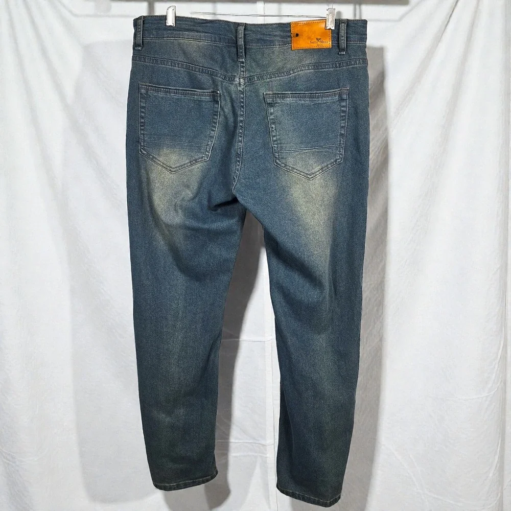 Smith Mills Mens Blue Wash Denim Jeans Straight Fit Casual Stretchy Size 34x30